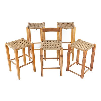Five Various Vintage Stools with Woven Seagrass Seats