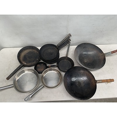 Assorted Cast Iron & Stainless Steel Frying Pans & Woks - Lot of 19 items