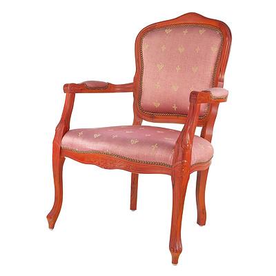 Single Pink Fabric Upholstered Louis Style Armchair