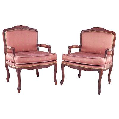 Pair of Pink Fabric Upholstered Louis Style Armchairs
