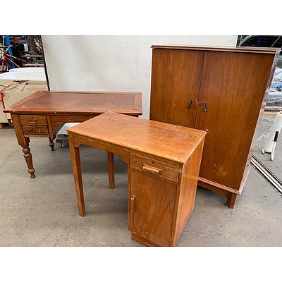 1940's lowboy & Vintage ash school desk & Vintage mixed hardwood desk and more Lot of 4 items