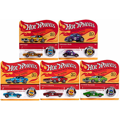 Hot Wheels - (2018) 50th Anniversary Originals Redlines Series Set of 5 Cars & Buttons