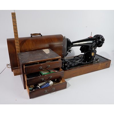 Singer Sewing Machine, Three Drawer Wooden Sewing Box and Contents and Sewing Ruler