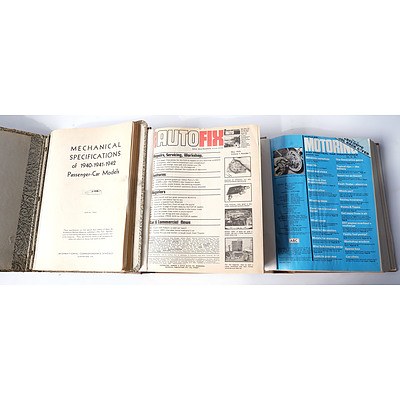 Three Vehicle Instructional Books including: Mechanical Specificatoins of 1940-1942 Passenger Car Models, Popular Motoring Vol. 18 1979, and Autofix 1975-1977.