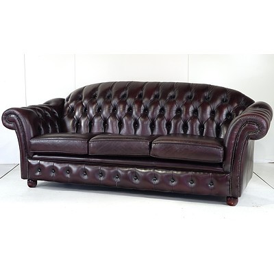 Good Quality Burgundy Leather Upholstered Chesterfield Three Seater Lounge