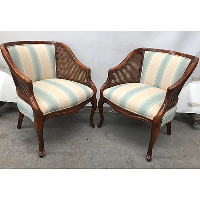 Pair of Walnut With Blue Stripe Upholstered Armchairs