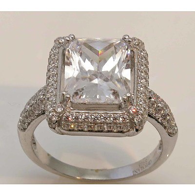 Sterling Silver Ring - Large Octagonal-Cut Cz, Pave Set With White Cz To Halo & Shoulders