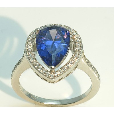 Sterling Silver Ring - Large Sapphire-Blue Cz, Pave Set With White Cz To Halo & Shoulders