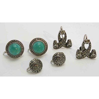 Collection Of 3 Vintage Marcasite Silver Earrings