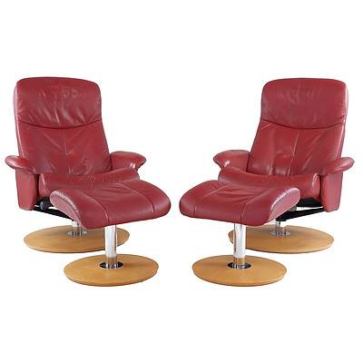 Pair of Moran Red Leather Upholstered Reclining Armchair Settings
