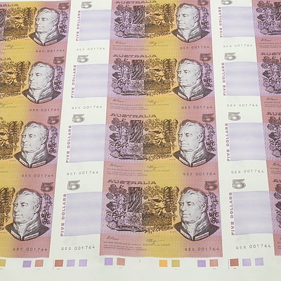 Uncut Half Sheet of Twenty Australian Fraser/ Higgins Five Dollar Notes