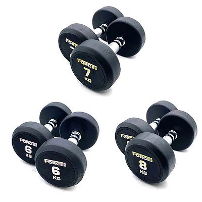 6kg, 7kg and 8kg Force USA Commercial Round Rubber Dumbbell - Lot of Three Pairs - Brand New - Total RRP $231