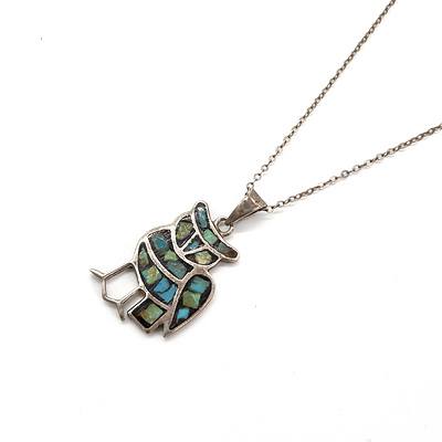 Sterling Silver Owl Pendant with Inlaid Turquoise