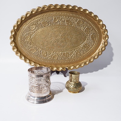 Middle Eastern Large Brass Tray, Pierced Brass Pot Vase and a Silver Plate Ice Bucket Lacking Internal Glass