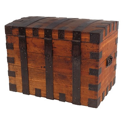 19th Century Oak 'Campaign' Trunk with Substantially Secure Metal Strapping and Triple Lock Hasps
