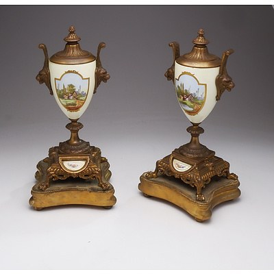 Pair of  Vintage  French Hand Painted Ormolu and Porcelain Urns on Gilt Wood Bases