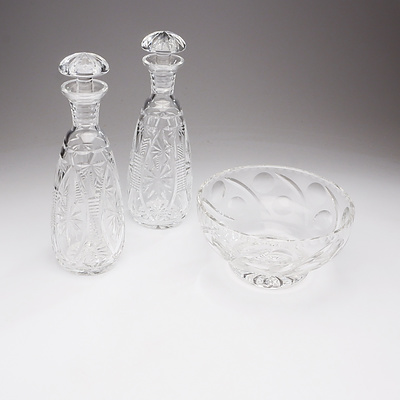 Pair of Matching Cut Crystal Decanters with a Cut Glass Salad Bowl