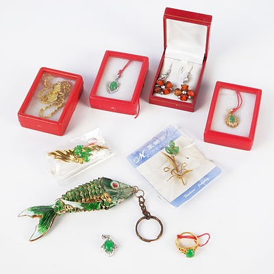 Quantity of Hardstone Costume Jewellery Including Pendents, Articulated Enamel Fish and More