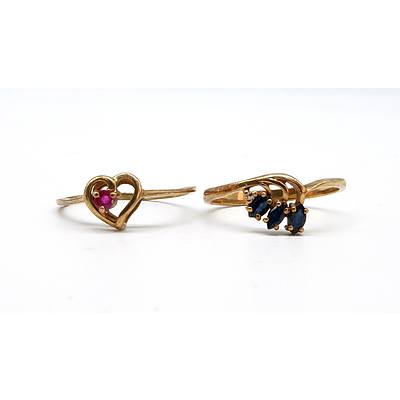 9ct Yellow Gold Rings, Ruby and Sapphire, 3g