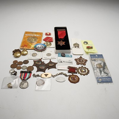 Various Medals, Coins and Tokens, Including Australian Sterling Silver Bracelet, Coca Cola Badge and More 
