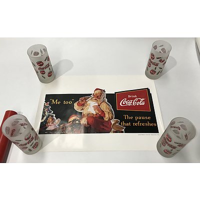 Coca Cola Cans and Glasses, Can Hat, Posters and a Russian Poster