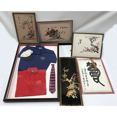 Asian Silk Embroideries, Framed Tango Bar and Grill Shirts, Framed Calligraphy and More