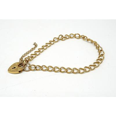 9ct Yellow Gold Curb link Bracelet with Heart Lock and Safety Chain, 4.4g