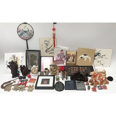 Various Modern Oriental Ornaments, Including Embroidered Silk Fan, Brass Characters and More 