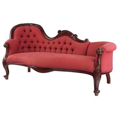 Victorian Style Red Fabric Upholstered Chaise Lounge