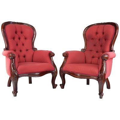 Pair of Victorian Style Red Fabric Upholstered Armchairs