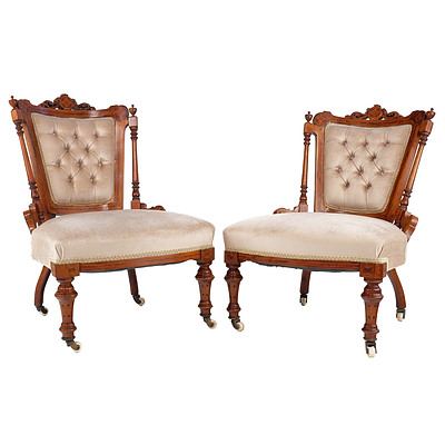 Pair of Edwardian Inlaid Walnut Salon Chairs with Original Porcelain Castors