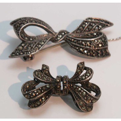 Pair Of Vintage Silver Marcasite Bow Brooches