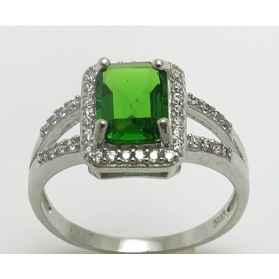 Sterling Silver Ring - Emerald-Green Cz With White Cz Halo & Split Shoulders