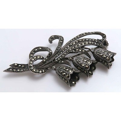 Vintage Silver Marcasite Brooch - Lily Of The Valley Design