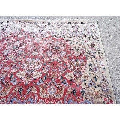 Large Persian Qum Finely Hand Knotted Wool Pile Floral Medallion Carpet with a Pinkish Red Ground
