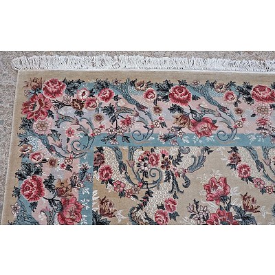 Large Persian Qum Finely Hand Knotted Wool Pile Flower Pattern Rug with an Ivory Ground