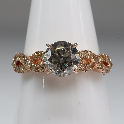 14ct Rose Gold Ring Set with 1.02ct Diamond at Centre Surrounded by Twenty-Four Round Brilliant Cut Diamonds