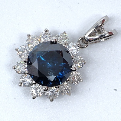 14ct White Gold Blue Diamond and Round Brilliant Cut Diamond Pendant 