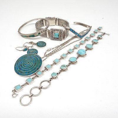 Mexican Turquoise and Sterling Silver Bracelets, Pendant and Earrings