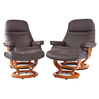Pair of Ekornes Stressless Brown Leather Upholstered Recliner Armchairs and Ottomans