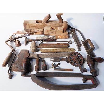 Quantity of Vintage Tools Including Hand Drill, Planes, Broad Hatchet, Tack Hammer and Spoke Shaver