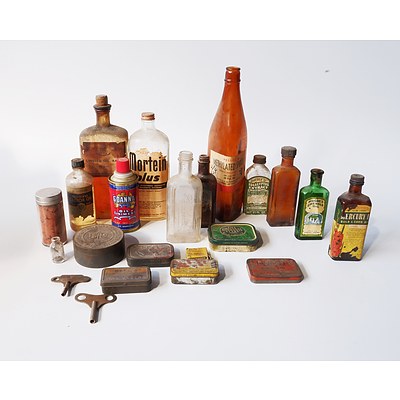 Quantity of Vintage Medicinal and Garden Bottles, Some with Contents, for Display Purposes Only, and Tins