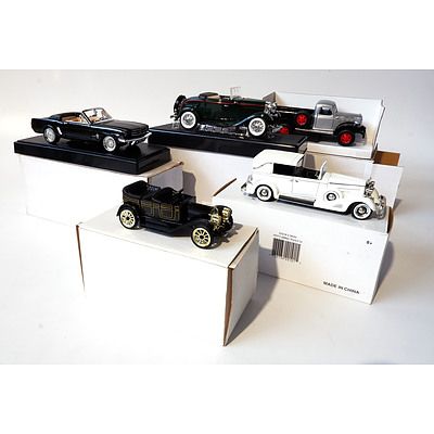 Five Die Cast Scale Model Cars in Boxes Including 1933 Cadillac Town Car and 1931 Chevrolet Classic 6