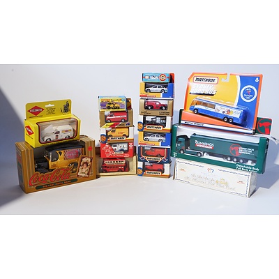 Quantity of Seventeen Model Cars Including Matchbox majesty's Gold State Coach, Matchbox Torch Relay Car, Sydney 2000 bus and More