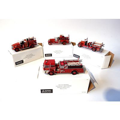 Four 1:43 Scale Historical Fire Truck Models in boxes from the National Motor Museum with Certificates of Authenticity