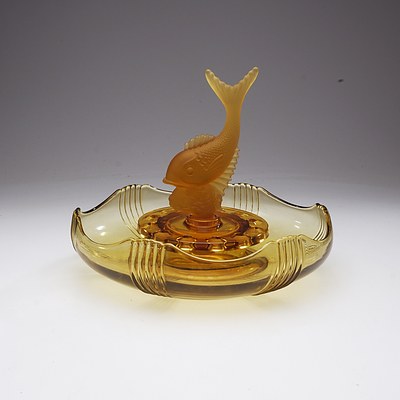 Amber Glass Dish with Frog and Fish Motif Finial