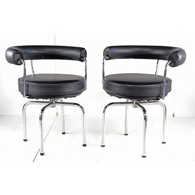 Pair of Australian Made Versions of LC7 Le Corbusier Swivel Armchairs with Black Leather Upholstery, Designed 1928 These Chairs Circa 1980