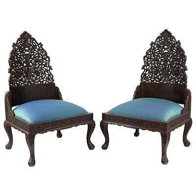 Pair of Exotic Pakistani Carved and Pierced Chairs with Jim Thompson Silk Upholstery
