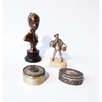 Two Silver Plate Boxes, a Silver Plate Statuette on Stone Base and a Copper Bust on Wooden Base