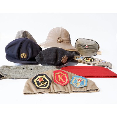 Collection of Military and Civilian Hats Including Pith Helmet, Two Russian Caps and More